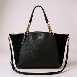 Coach small Kelsey chain satchel black pebbled leather & suede tote bag gold